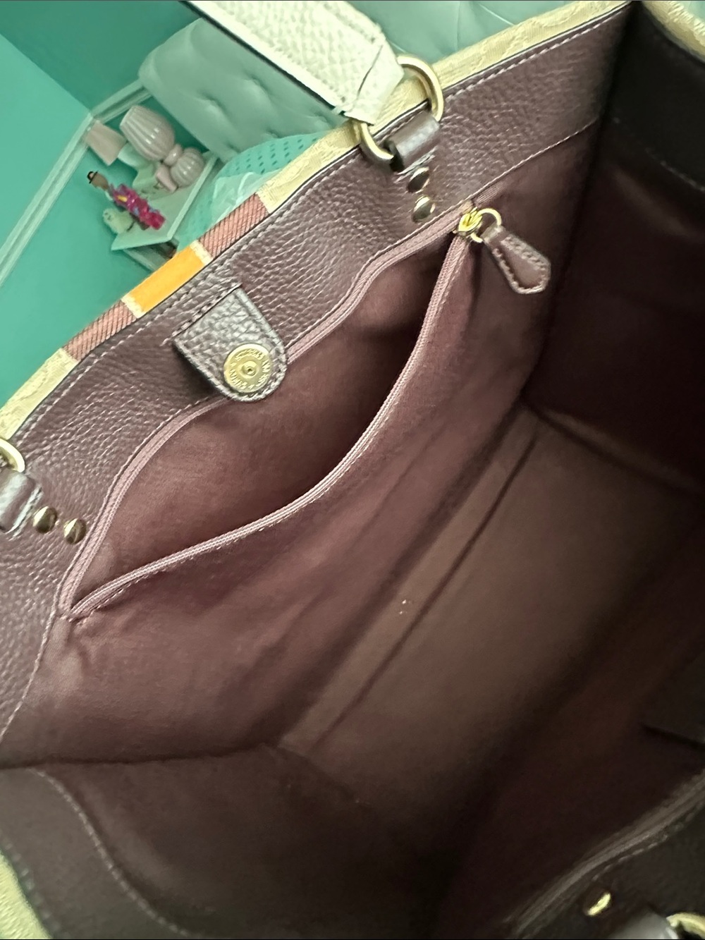 Coach Beige Signature Canvas Tote with Pink Patch and Orange Trim - Picture 10 of 12